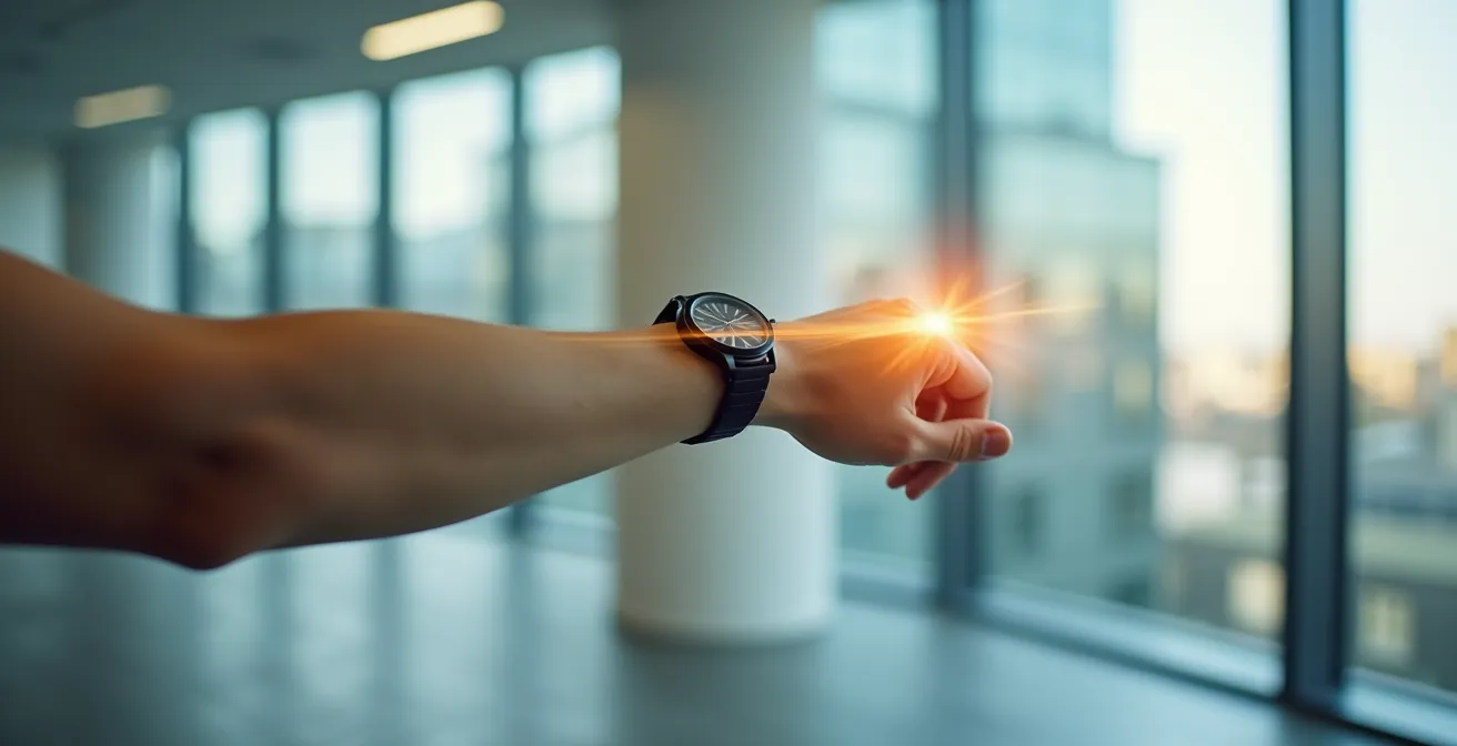 Artistic representation of arm movement powering watch mechanism