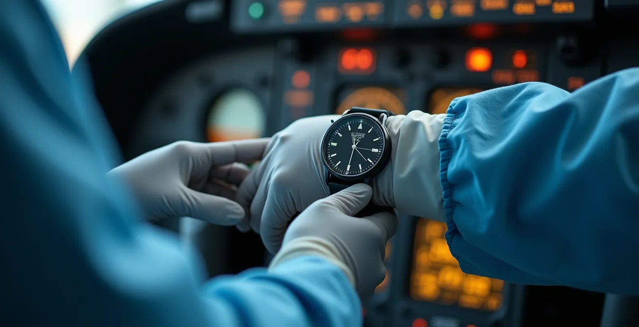 Professional aviation or medical setting showcasing precision chronometer in a British work environment