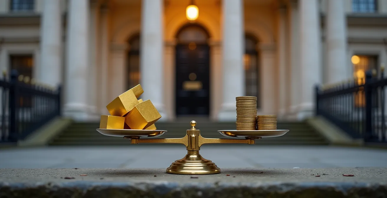 Abstract visualization of currency and gold relationship with Bank of England architecture