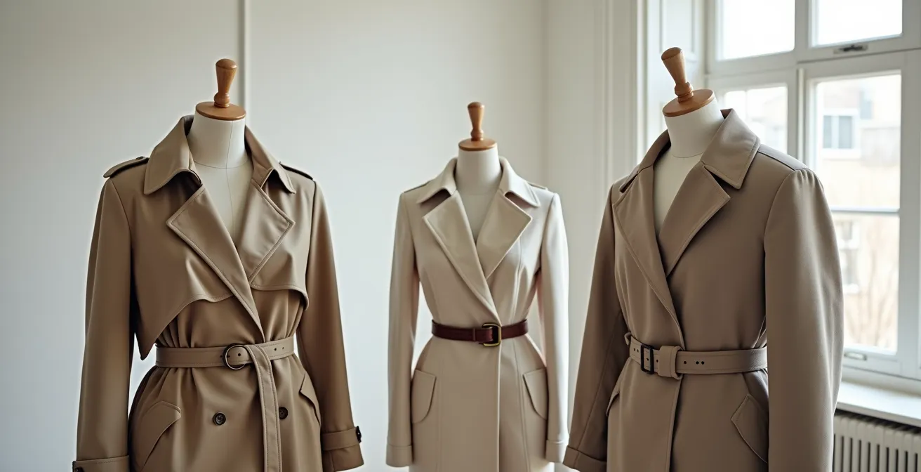 Three tailored coats displayed with different belt placements in Savile Row setting