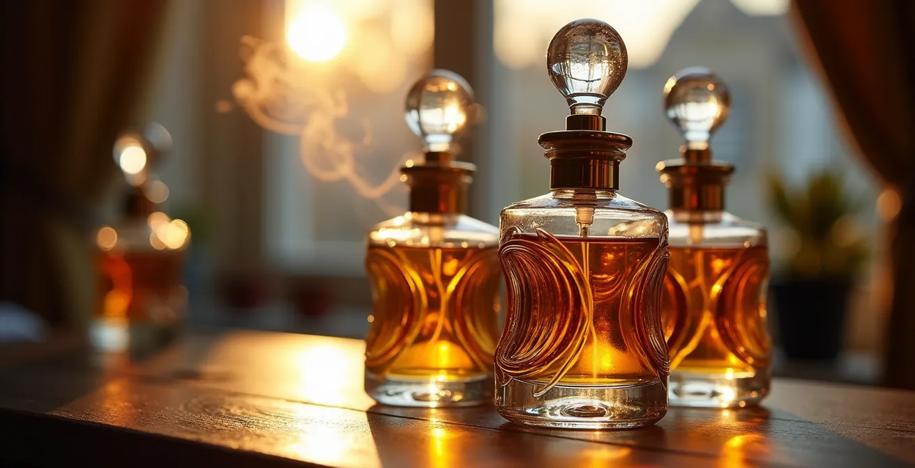 Elegant display of British heritage fragrance bottles in soft morning light
