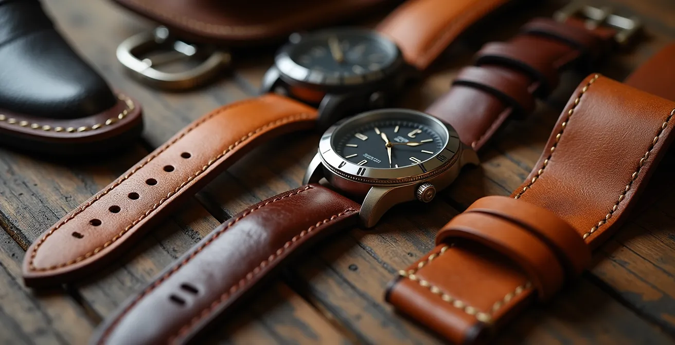 Detailed view of coordinated British leather accessories showing various patinas and textures