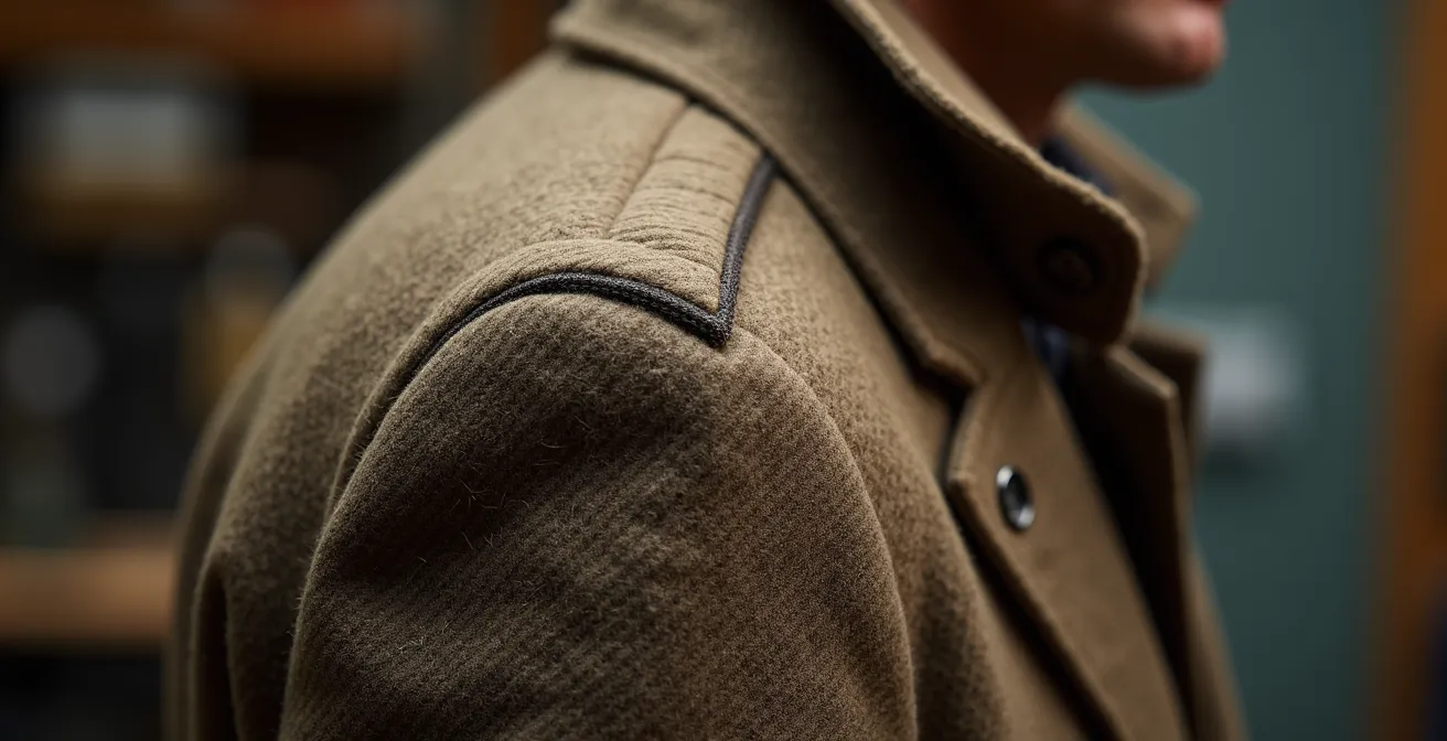 Close-up of structured roped shoulder detail on British military-inspired jacket