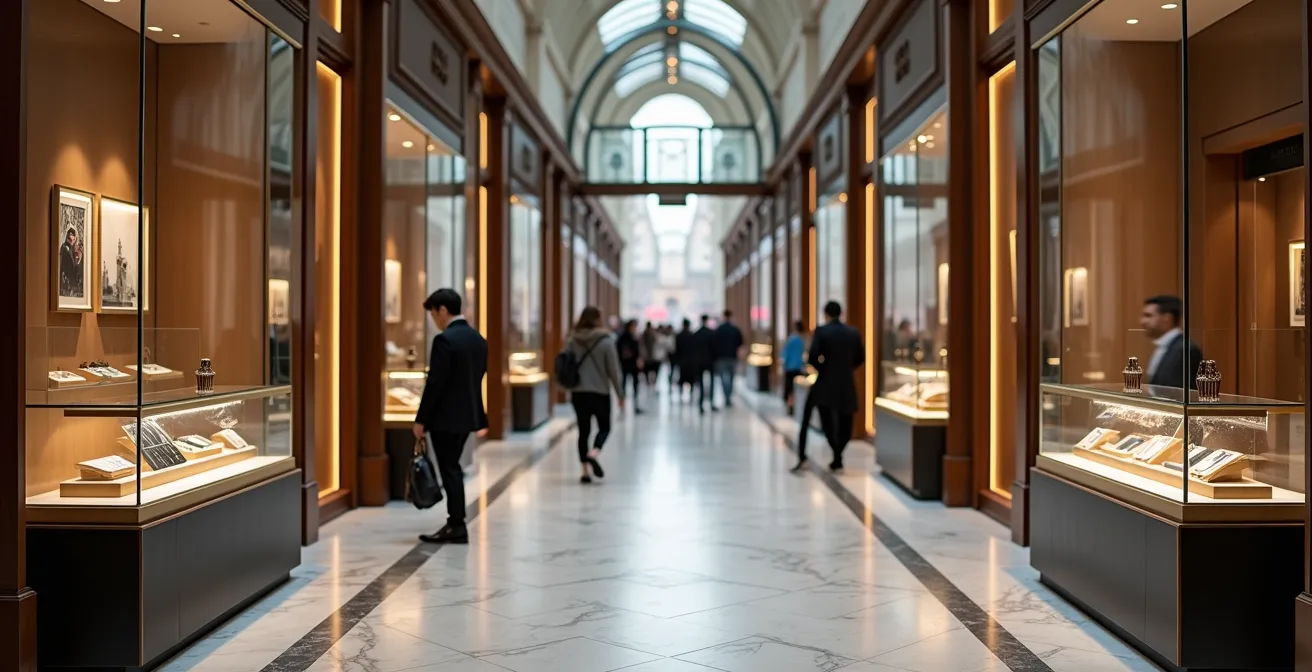 Elegant watch boutique interior in historic British shopping arcade