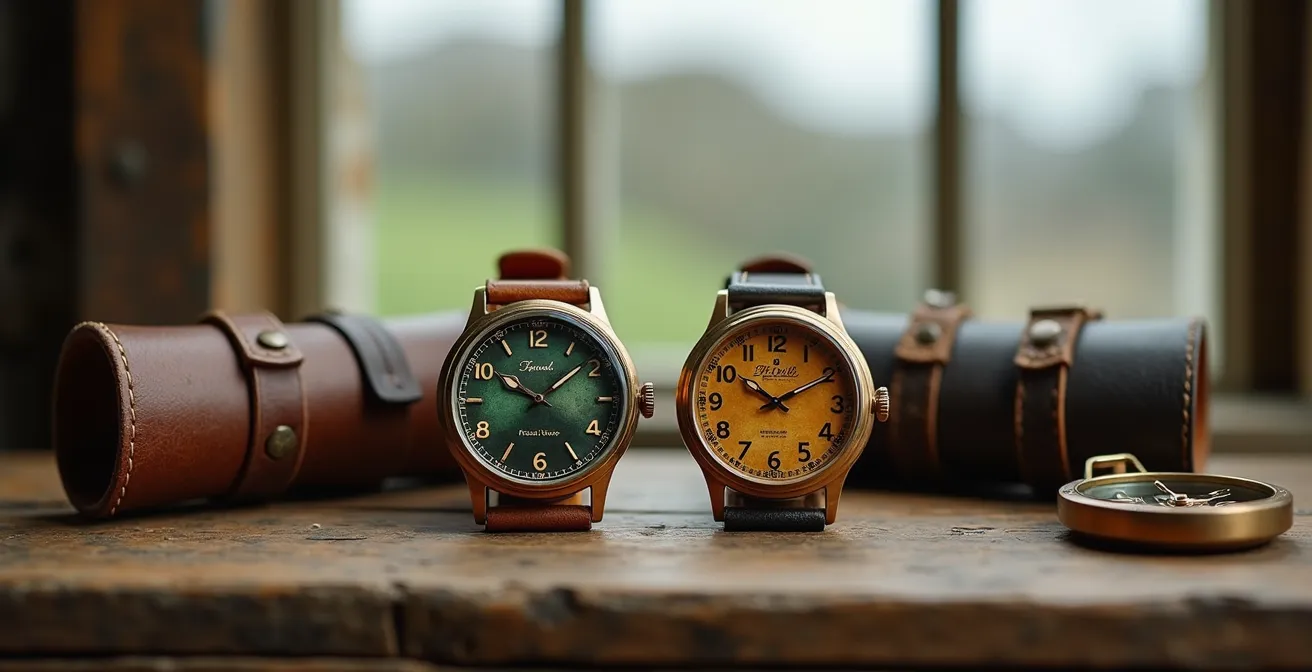 Split-screen comparison of bronze watches showing different patina patterns, one with a green-brown coastal patina and the other with an amber-brown urban patina.
