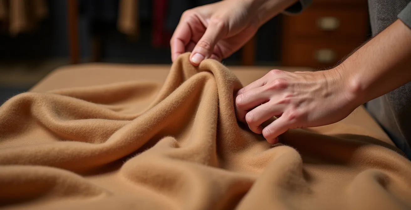 Hands performing the rub test on luxury cashmere fabric to check quality
