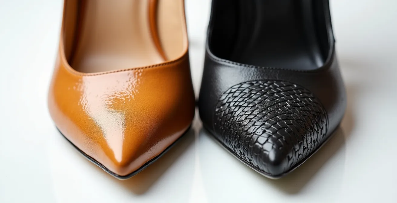 Macro comparison of leather and rubber heel soles showing texture differences
