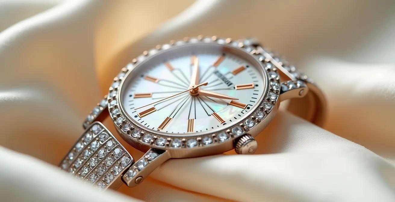 Extreme close-up of a jeweled cocktail watch showing intricate gem settings