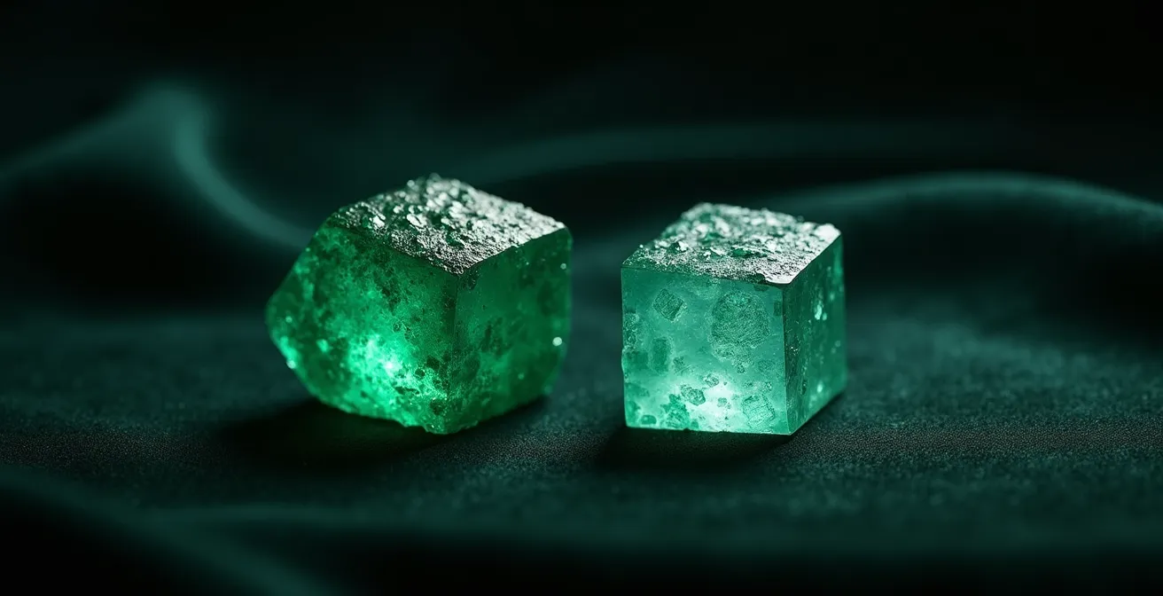 Side by side comparison of Colombian warm green and Zambian bluish-green emerald colors