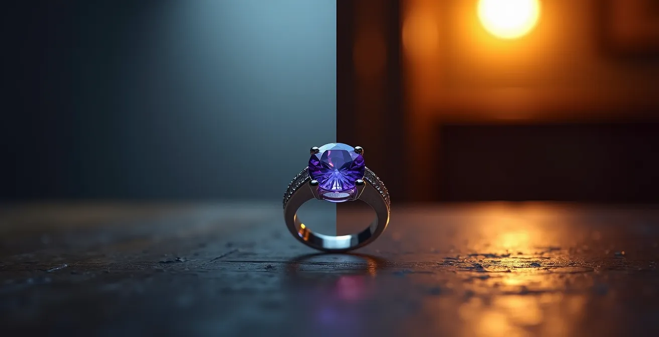 A color change sapphire ring photographed under different lighting conditions showing blue to purple shift