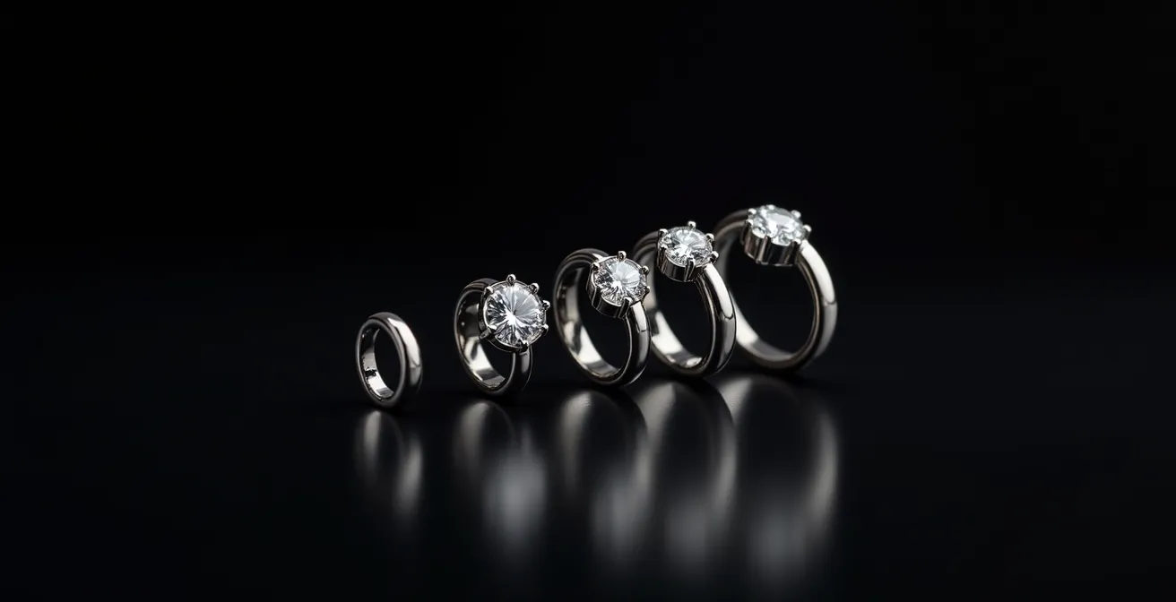 Side-by-side comparison of identical diamonds on different band widths showing visual size difference