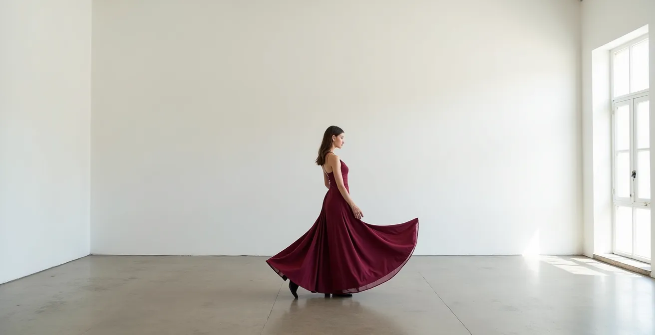 Woman demonstrating contrapposto stance in elegant cocktail attire