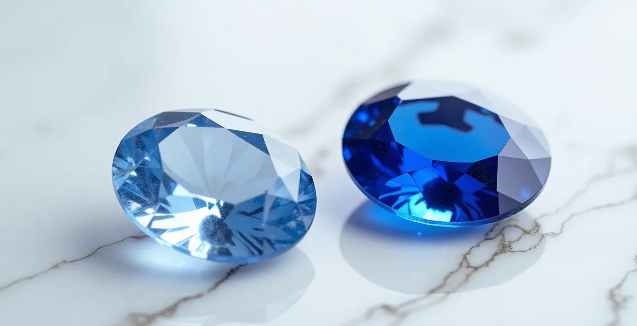 Two oval cut sapphires showing the difference between cornflower and royal blue hues under natural light