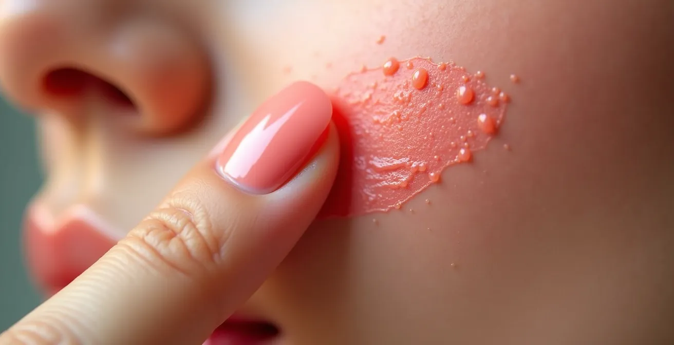 Extreme close-up of cream blush being blended on cheekbone