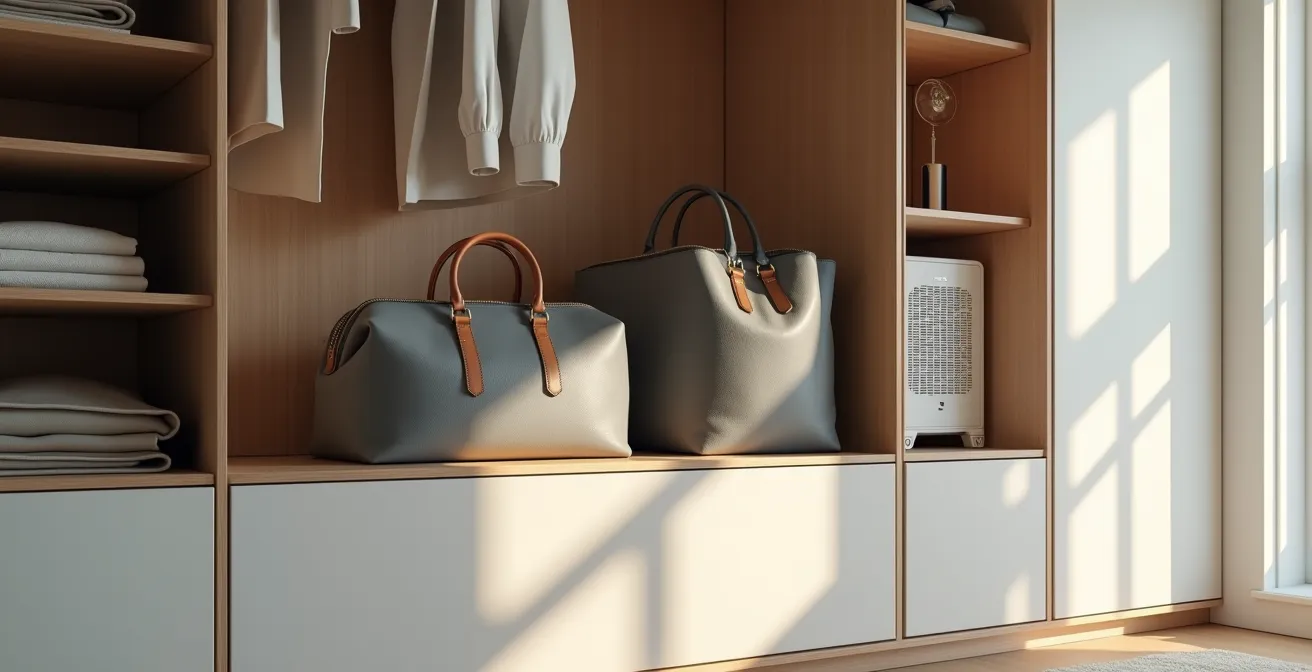 Designer handbags properly stored in a climate-controlled wardrobe with protective materials
