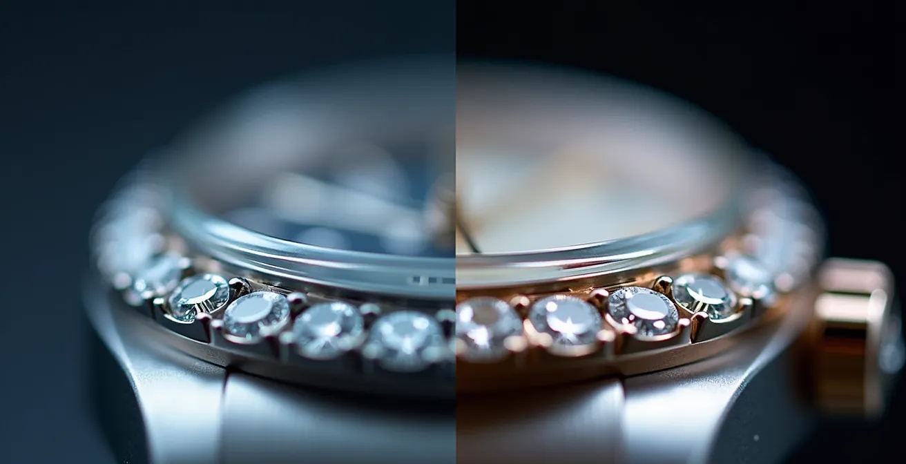 Extreme close-up of diamond settings showing the precise metalwork and stone placement differences between a watch and a high jewellery piece.