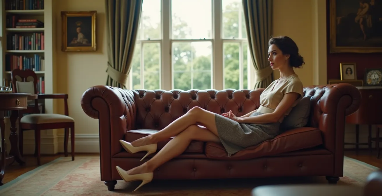 Woman demonstrating the Duchess Slant sitting position in an elegant setting