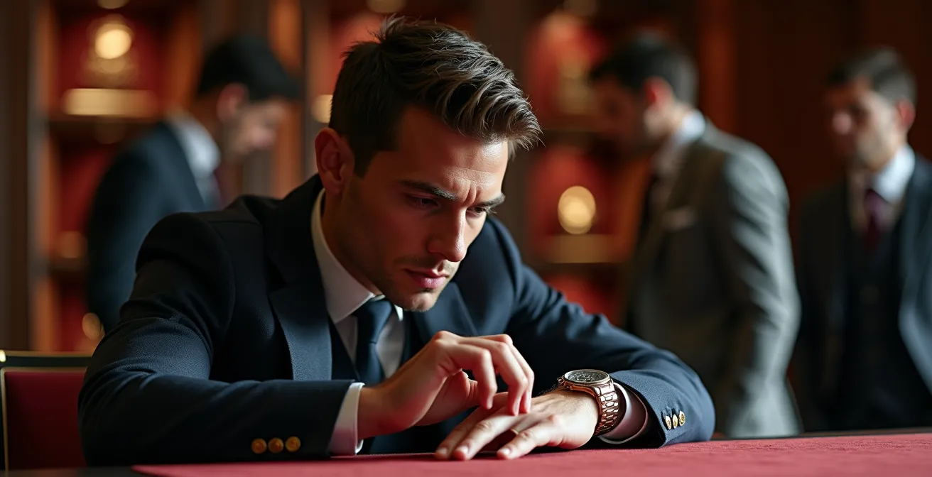 High-end watch dealer examining timepieces in Burlington Arcade setting with urgent sale atmosphere