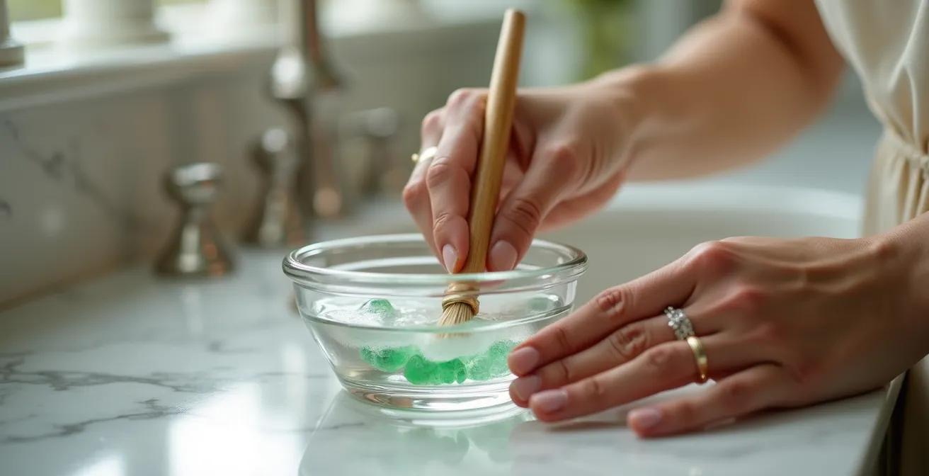 Hands gently cleaning an emerald ring with soft brush in lukewarm soapy water