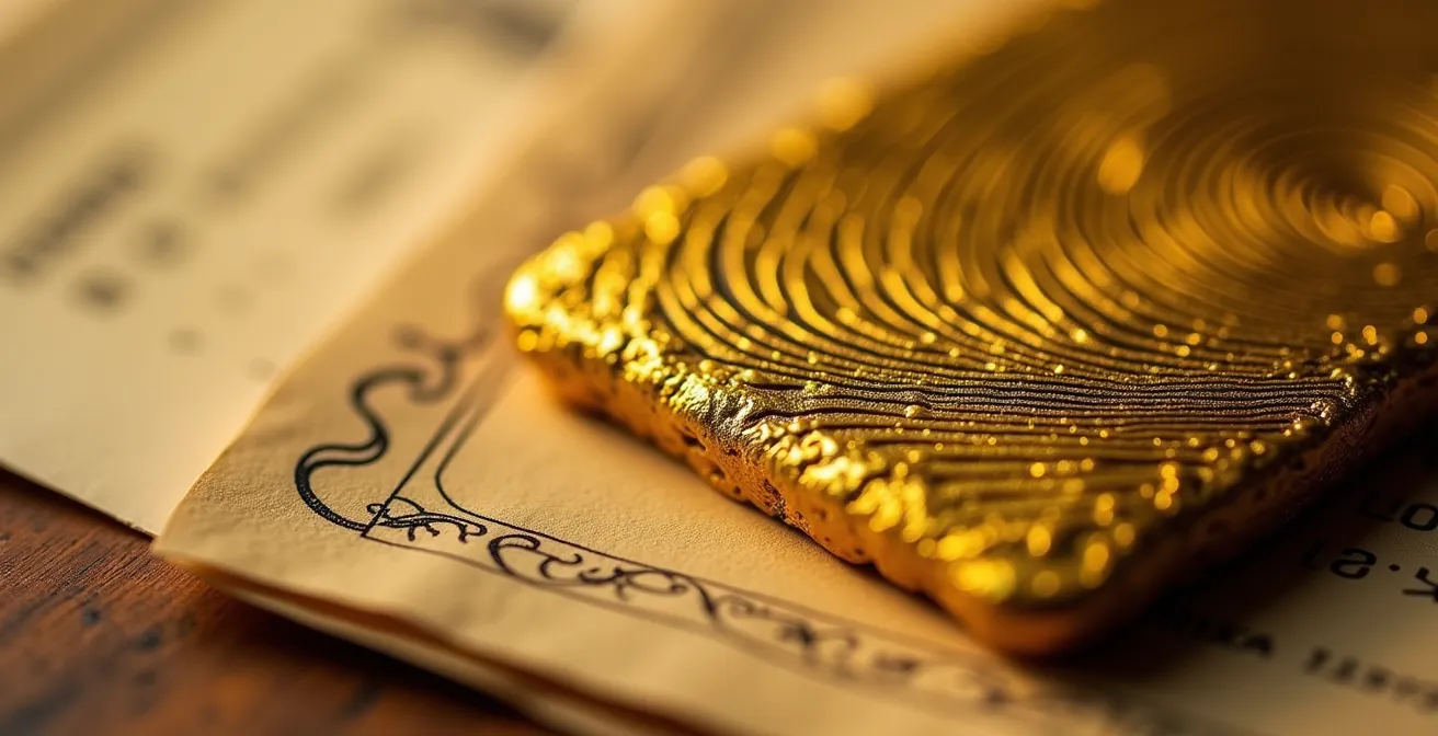 Gold cast bar with assay certificate in secure vault setting showing chain of integrity documentation