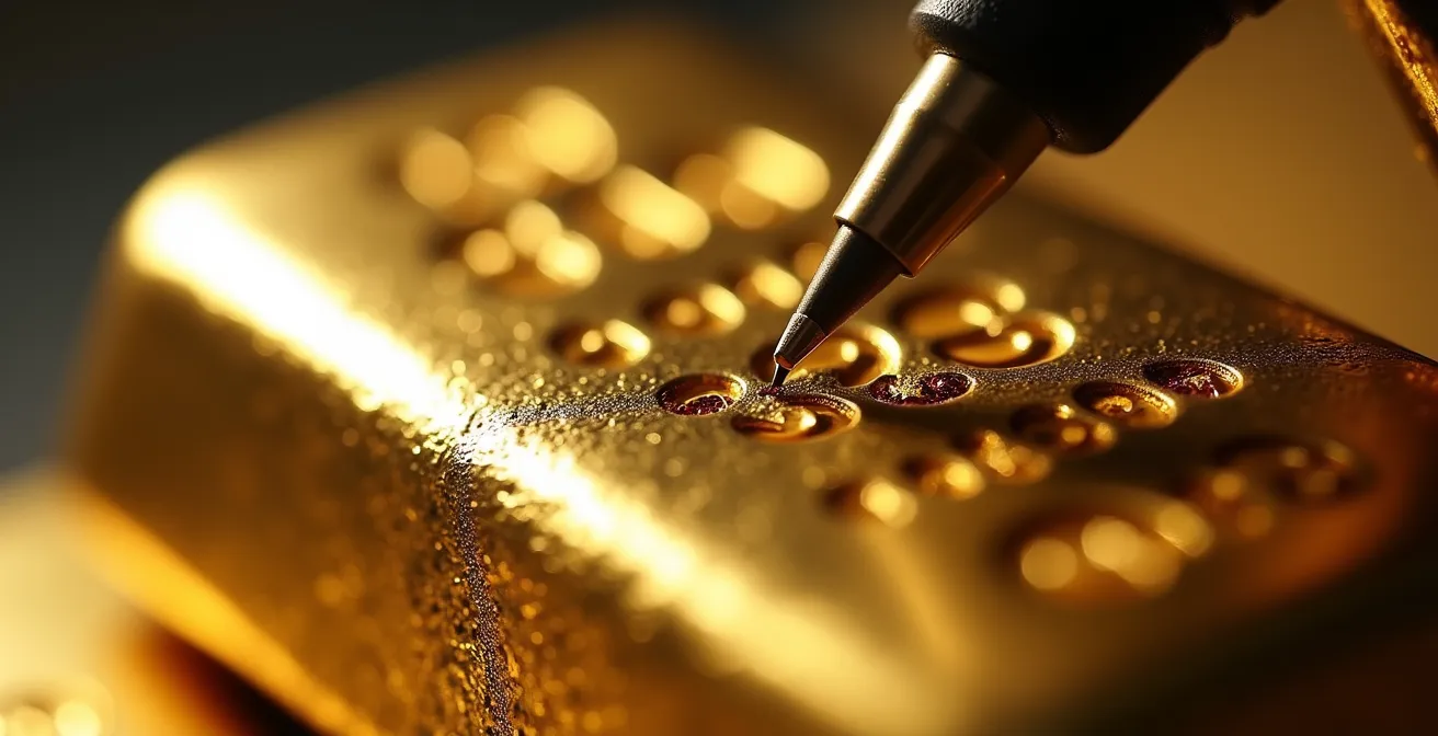 Professional gold bar authentication testing equipment examining bullion