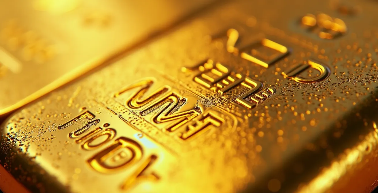 Close-up macro view of gold bar surface showing security patterns and holographic elements
