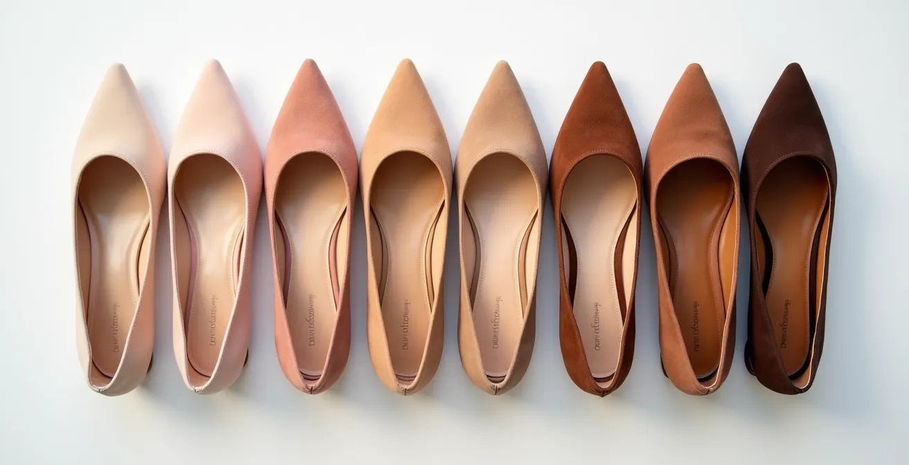 Array of nude-toned heels arranged in gradient from light to deep shades