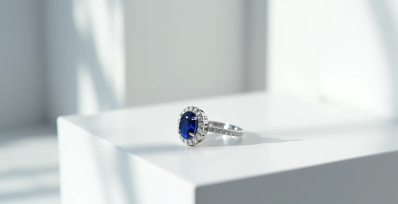 Close-up of a sapphire ring with diamond halo showing light reflection patterns