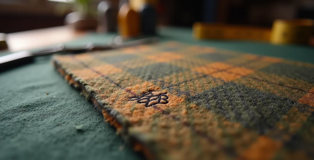 Extreme close-up of Harris Tweed orb trademark and wool texture