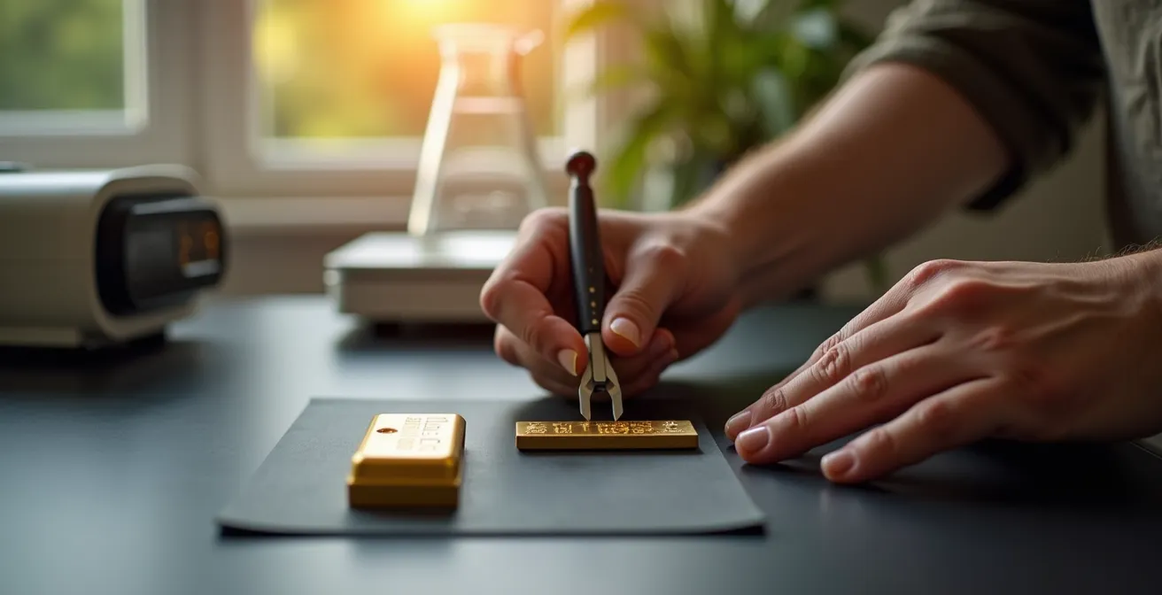 Minimalist arrangement of gold testing equipment on clean workspace