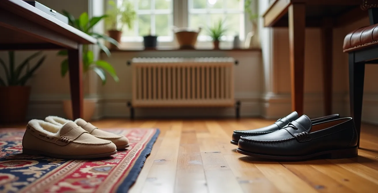 A British home office with indoor work shoes positioned strategically