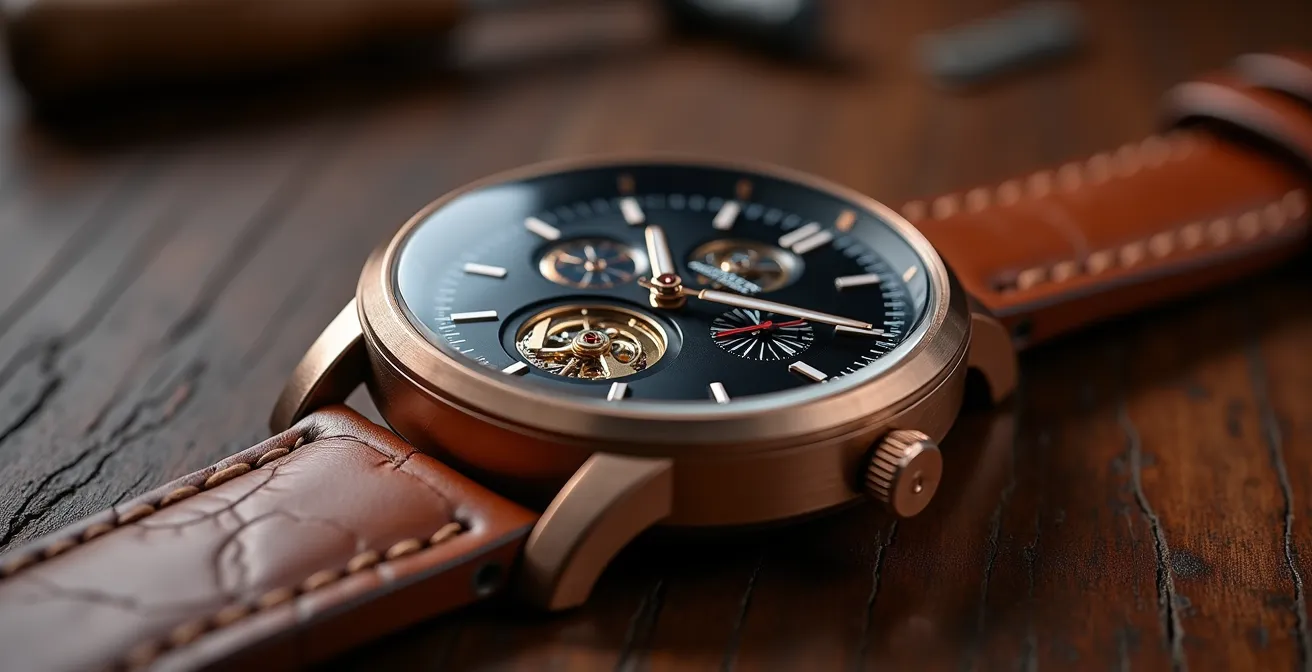 Close-up of hybrid smartwatch showing mechanical movement and digital elements