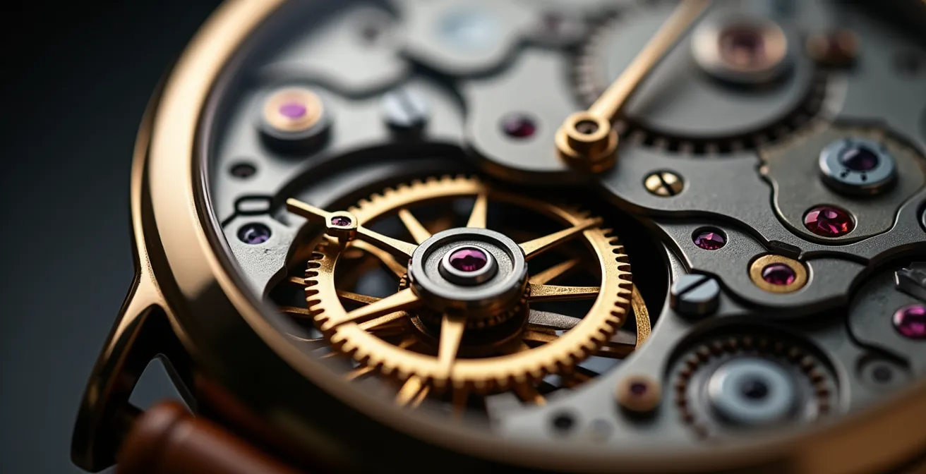 Close-up of watch mechanism showing shock absorption system in transport setting