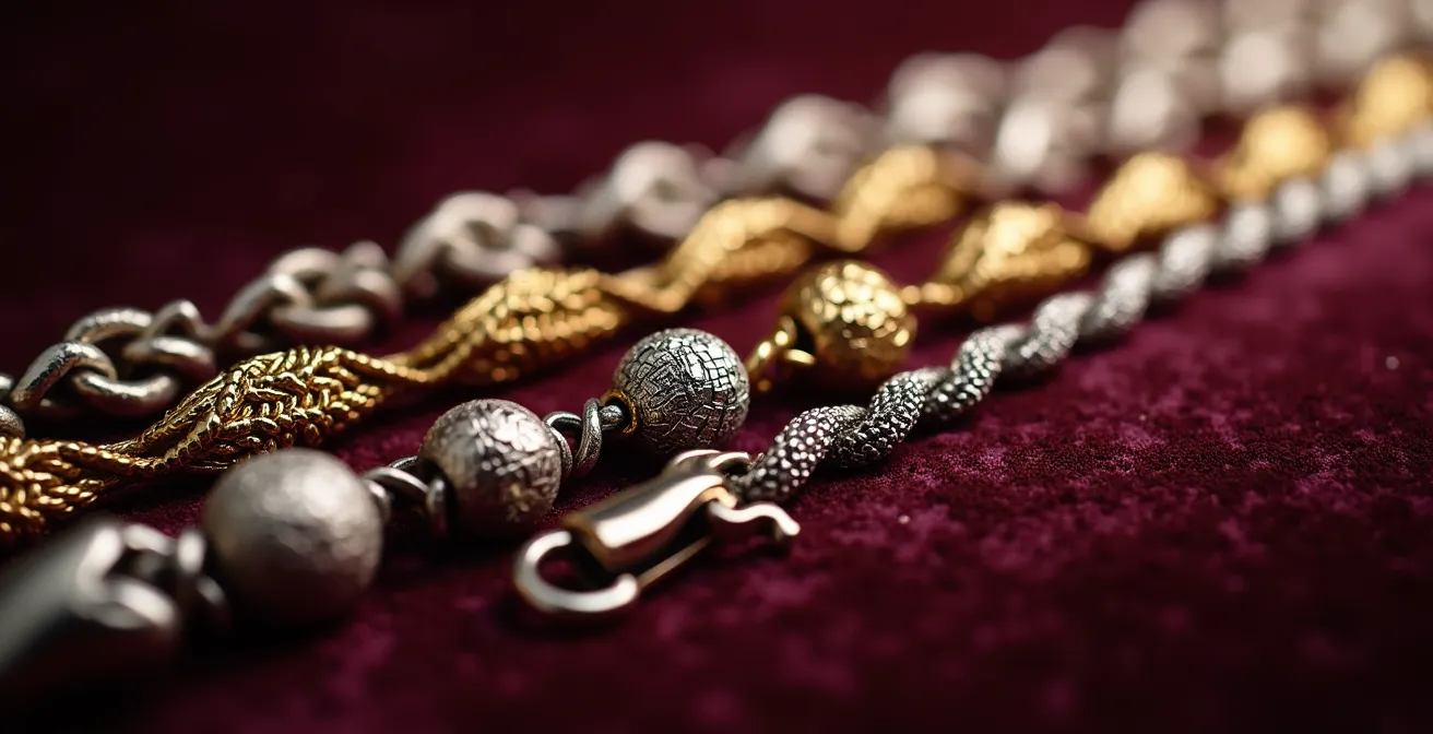 Macro shot of delicate gold chain textures and clasps