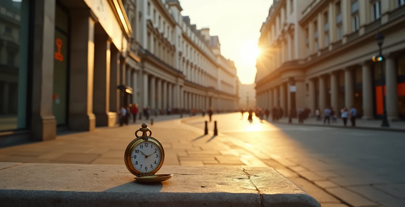 Empty London financial district at weekend with golden sunset reflecting off buildings