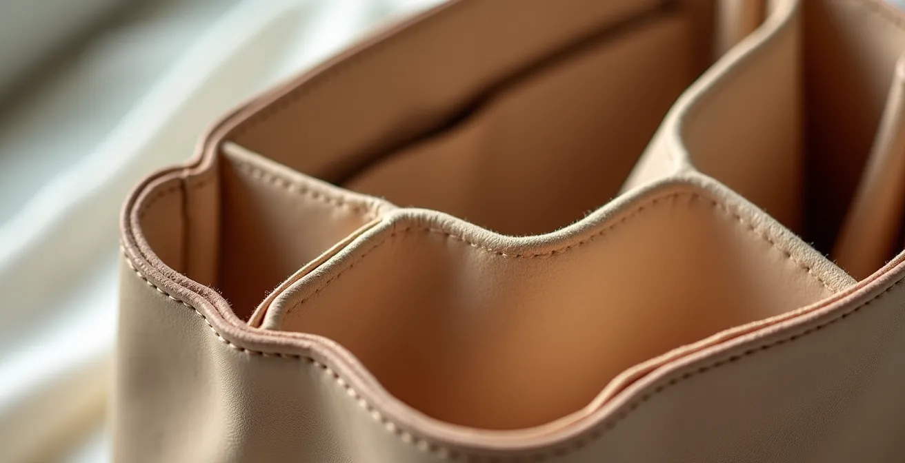 Close-up view of a designer bag's pristine interior with protective organiser