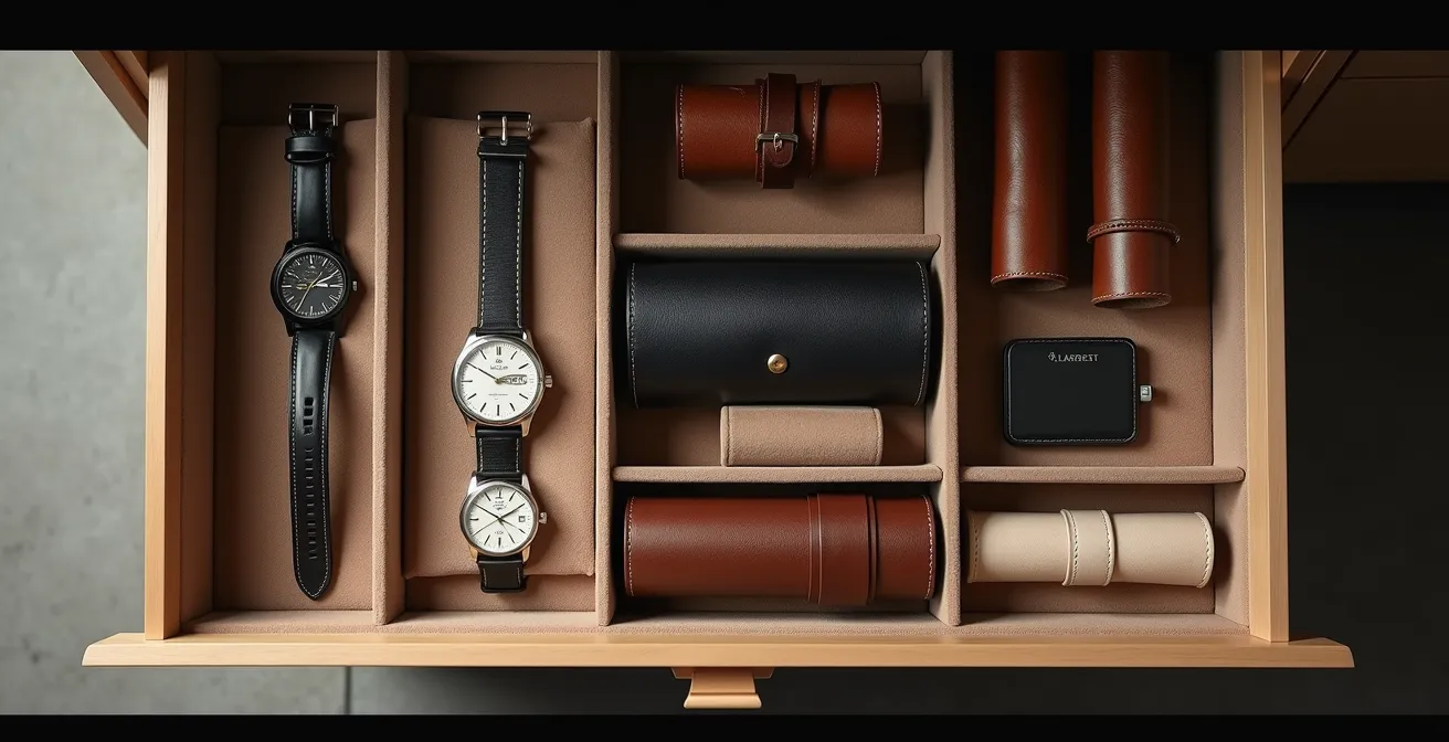 Organized storage system showing watches and bags in separate cushioned compartments