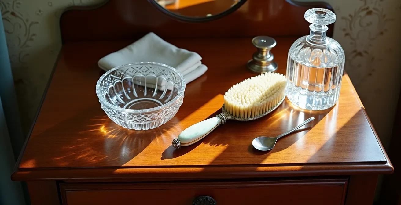 Elegant jewelry cleaning setup on antique British dresser
