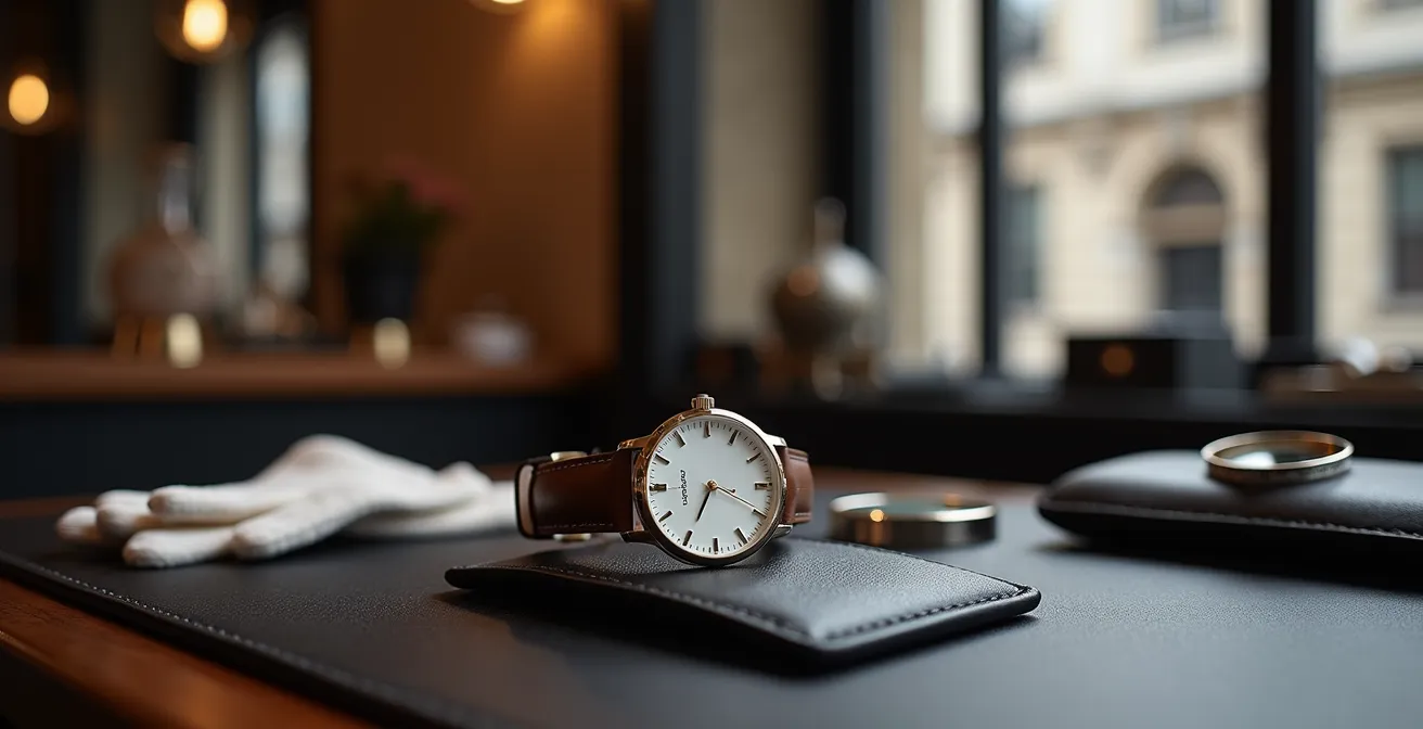 A pristine luxury watch displayed in a high-end boutique setting, with a jeweller's loupe nearby, emphasising the importance of condition assessment.