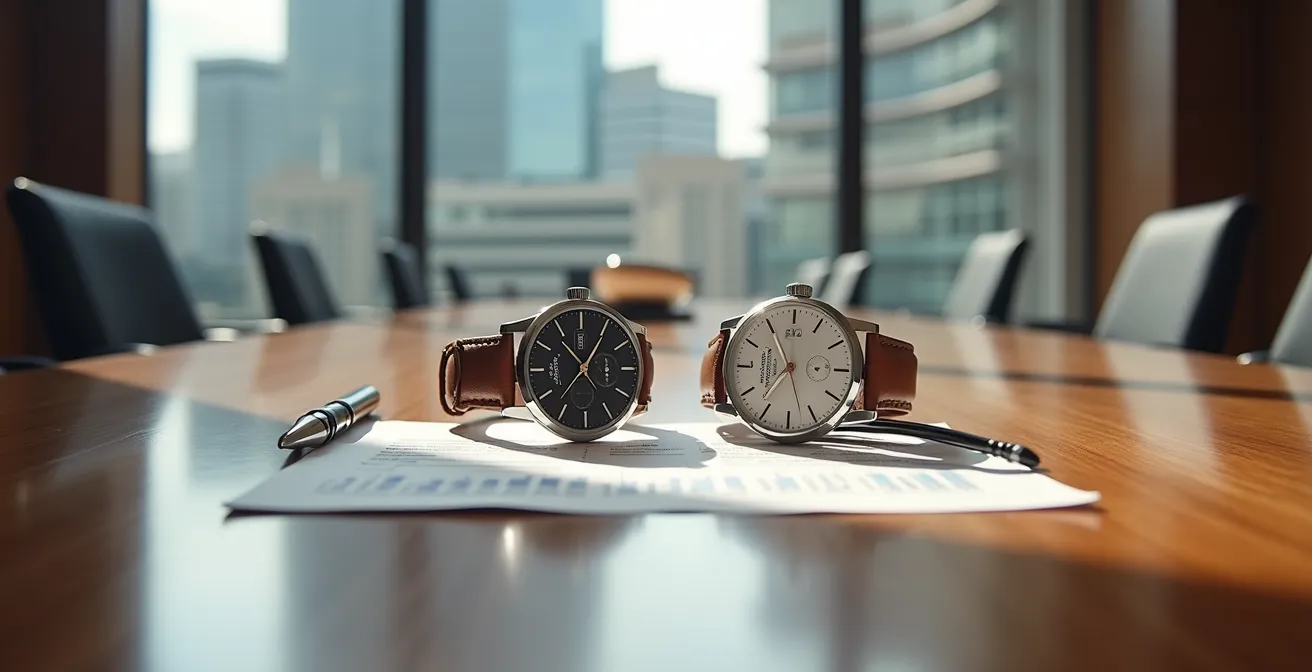 Comparison of alligator leather and steel watch straps on a British boardroom table