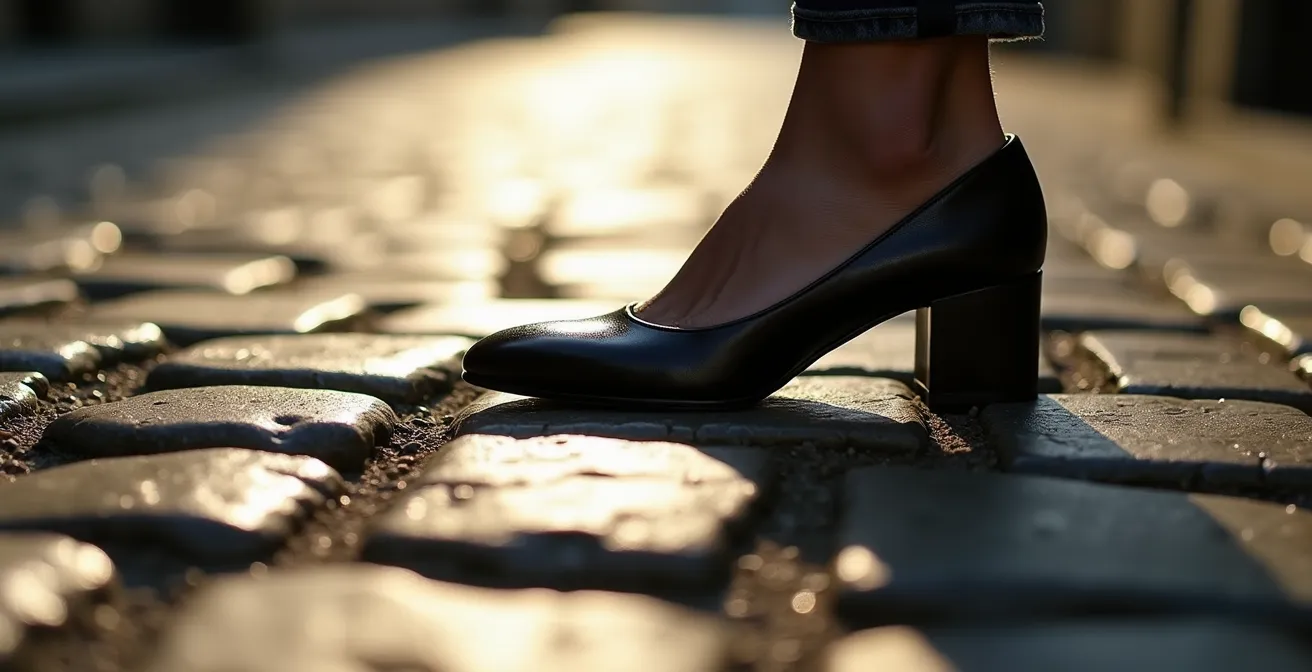 Close-up of elegant heeled shoe navigating historic cobblestone street