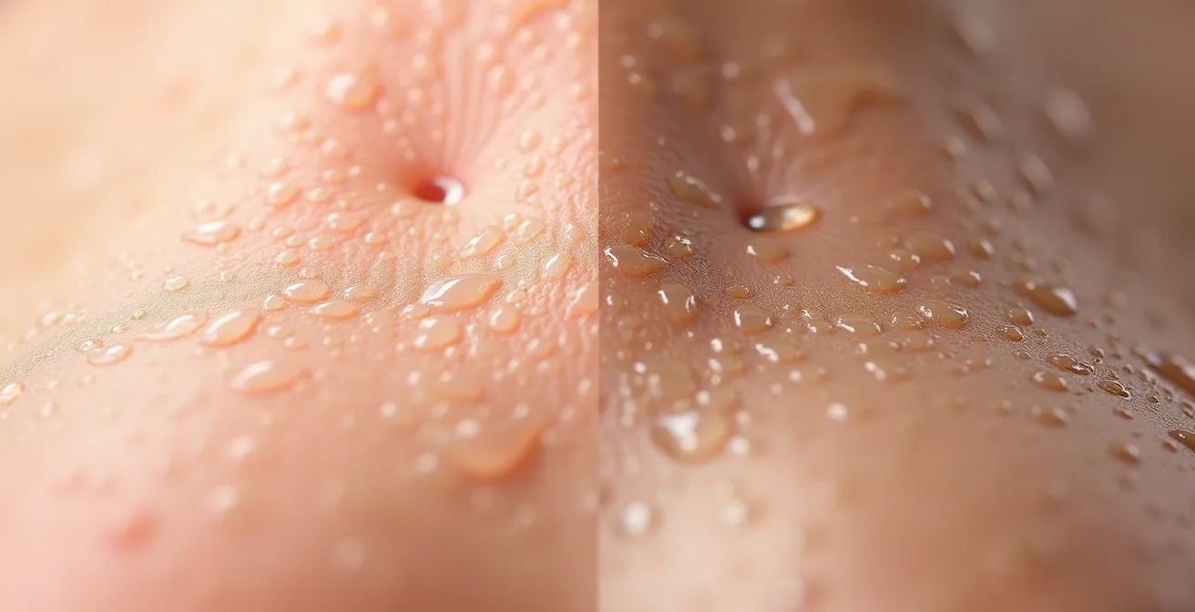 Extreme close-up of skin surface showing the textural difference between dehydrated and dry skin conditions