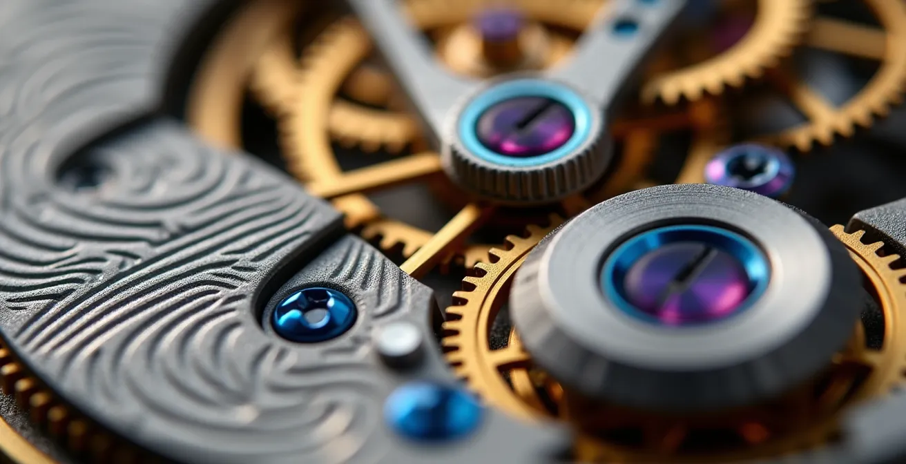 Extreme macro detail of watch movement showing Côtes de Genève finishing and blued screws