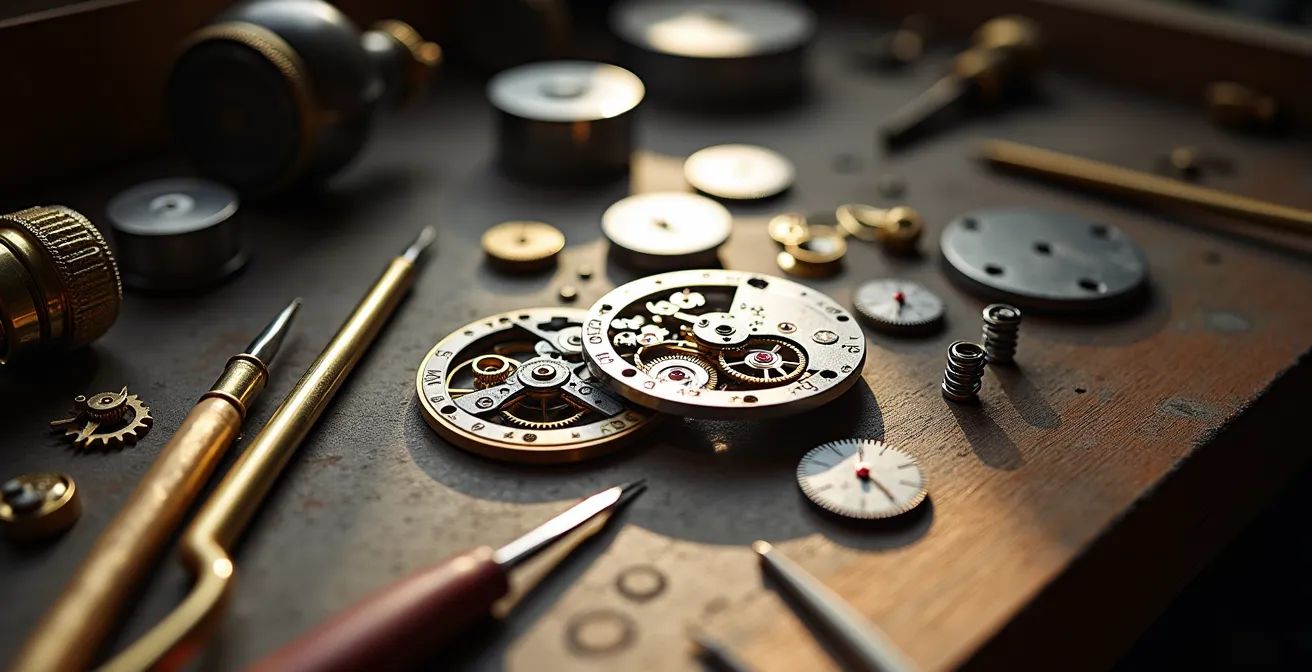 Intricate mechanical watch movement displayed in British watchmaker's workshop