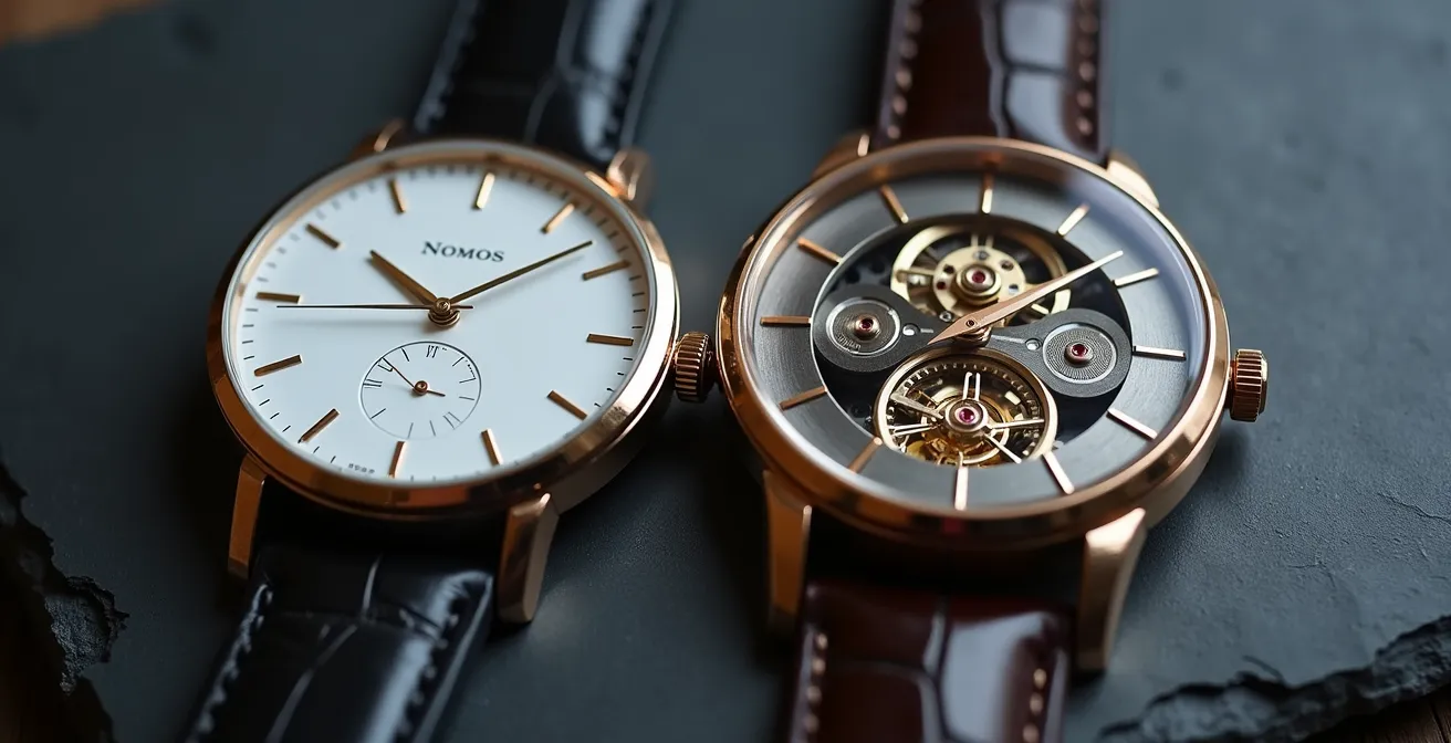 Close-up comparison of minimalist and skeleton watch dials