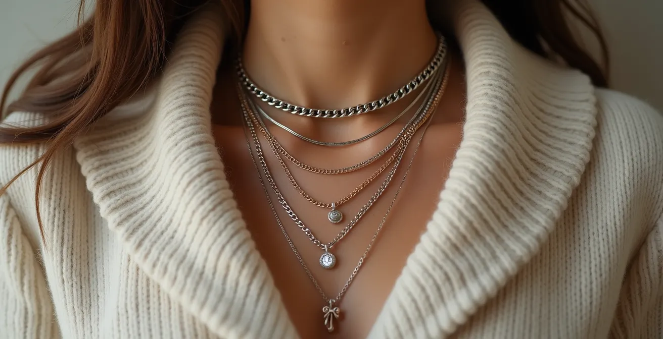 Close-up of layered gold and silver necklaces worn against a knit sweater showcasing British fashion styling