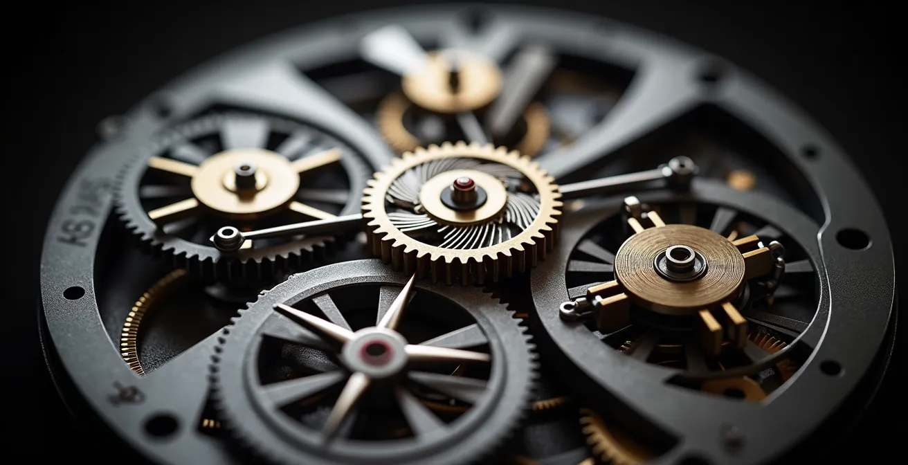 Detailed view of a perpetual calendar watch mechanism with traditional English finishing