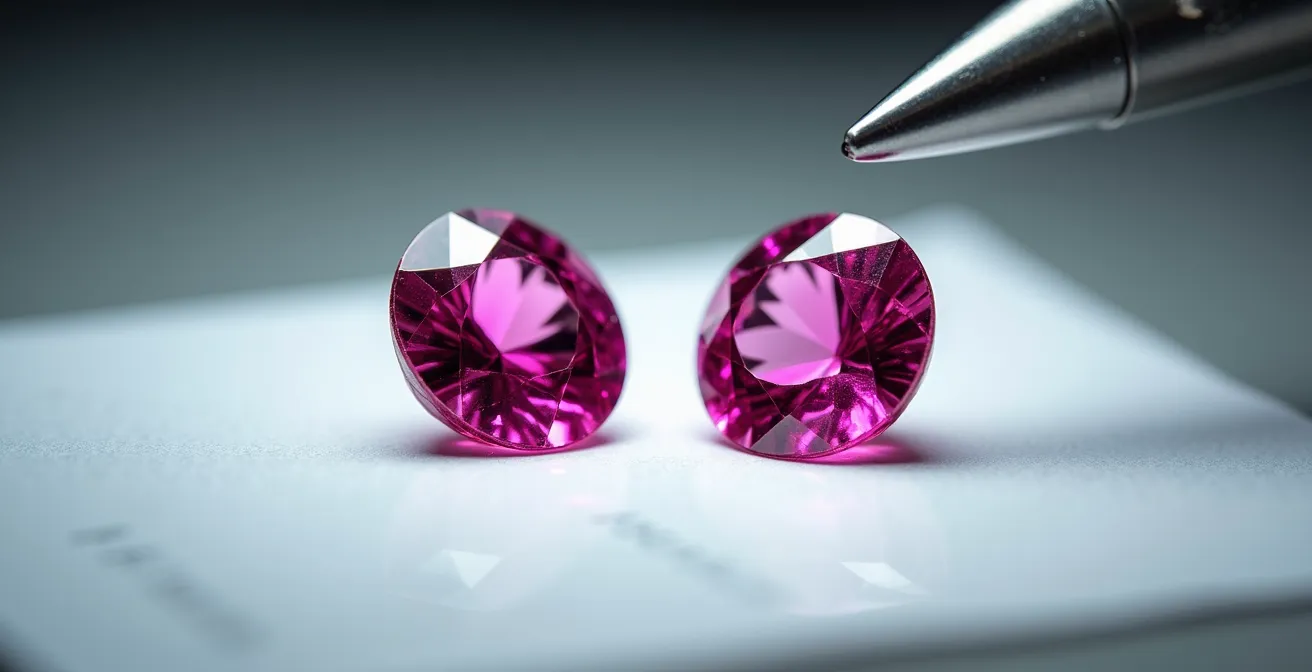A side-by-side comparison of pink sapphires and light rubies in a Hatton Garden jeweller's display