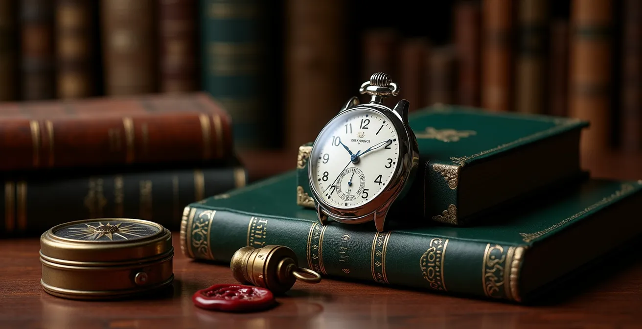Close-up of a platinum dress watch against British heritage elements