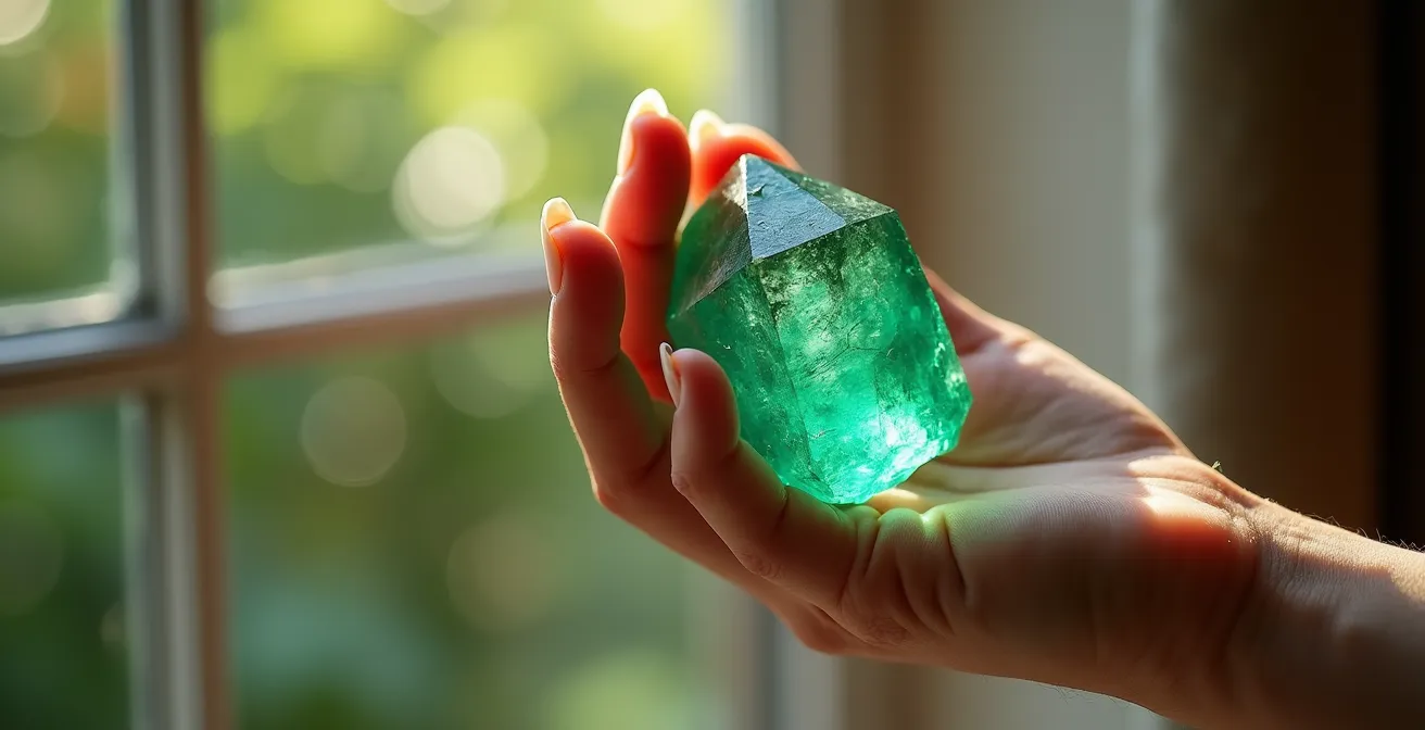 Uncut emerald crystal with natural inclusions catching light, symbolizing authentic beauty over artificial perfection